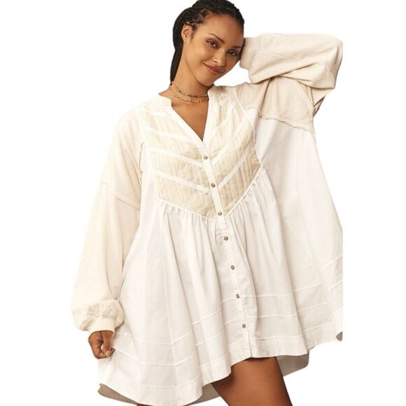 ANTHROPOLOGIE Pilcro Long-Sleeve Button-Front Twofer Mini Dress Cream White -2X - Picture 1 of 7